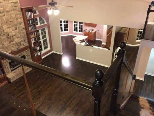 Here we have white oak stained a mixture of coffee brown and Ebony. We did the hand rails and stair posts to match as well.