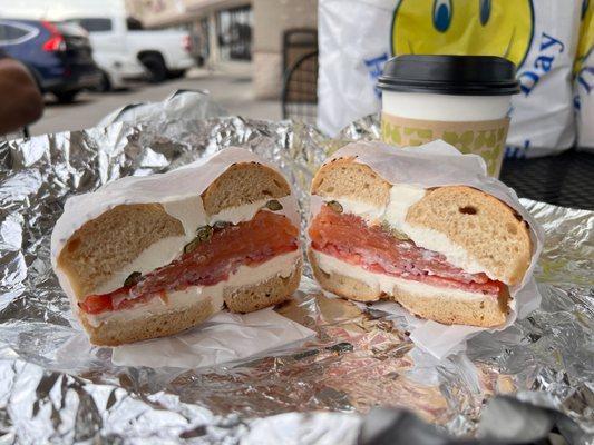 The Nova on an Everything bagel with onion and chive spread - incredible! The Creme brulee coffee was amazing too.