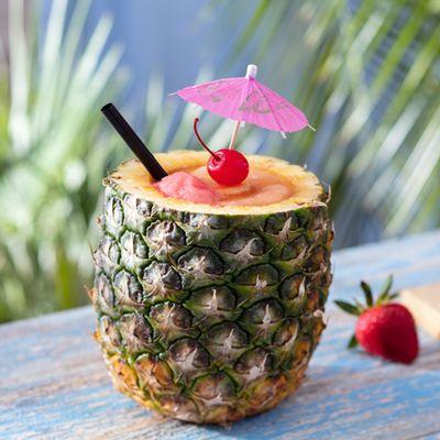 Ultimate Pineapple – With spiced rum, Coco López & Bacardi Black Rum swirled with strawberry ice and served in a freshly cut pineapple