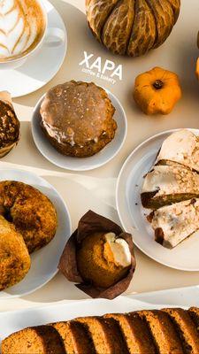 House Made Pumkin Bread, Pumpkin Cream Cheese Muffins, Harvest Bagels, Pumpkin Oatmeal Maple Cookie, Toffee Maple Pound Cake