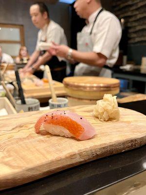 Kinmedai (golden eye snapper with honey yuzu vinegar, yukari)