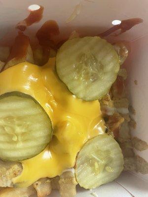 Beast Fries - Pickles, Melted Cheese, Caramelized onions, ketchup & mayo