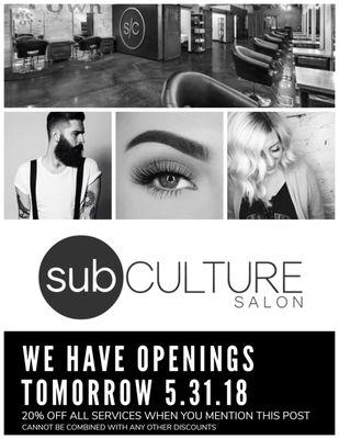 CALL THE SALON TO BOOK! 253.212.3899 OR BOOK ONLINE SUBCULTURESALON.COM