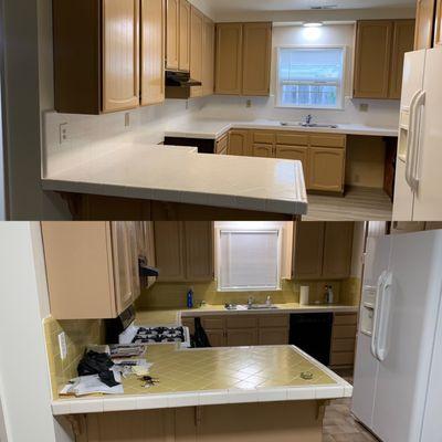 Kitchen. Before is yellow counters and after is white.