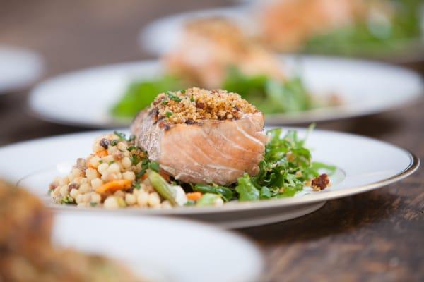 Sockeye Salmon over Kale with Toasted Fregole Salad