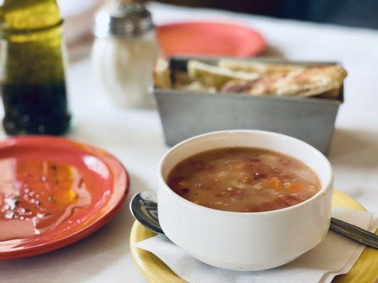 Bread, dipping oil and soup of the day