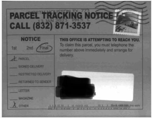 SCAM "FINAL PARCEL TRACKING NOTICE" POST CARD SENT IN THE MAIL TO CALL 832-871-3537 1/17/23 Houston, TX misleading info soliciting