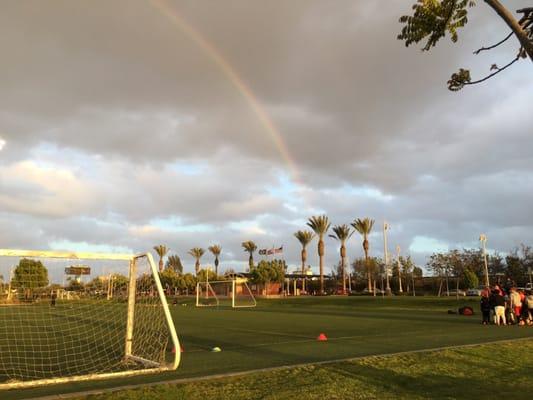 Slight sprinkle and a beautiful rainbow on the soccer field. March 2016