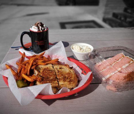 Gourmet Hot Chocolate, Reuben Sandwich+Sweet Potato Fries+Potato Salad and Strawberry Cake