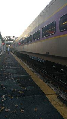 Outbound train at Natick Center Commuter Rail Station