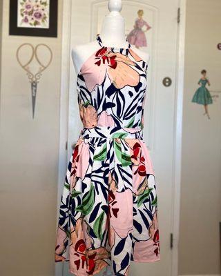 Dress made in Large Scale Peach Floral Oasis Rayon