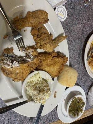 Fried chicken dinner with green beans and Potato Salad