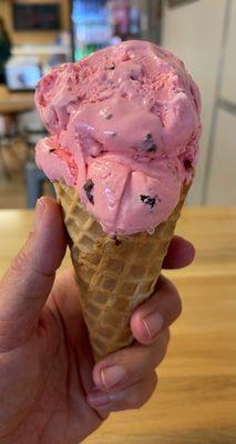 Black Cherry ice cream in a waffle cone; the black cherry ice cream is delicious!