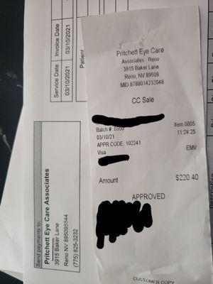 My wife's paper work from her visit and how much they charged after the insurance took out