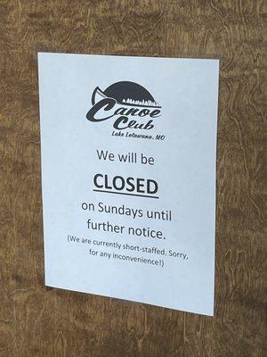 Closed Sunday but open Monday