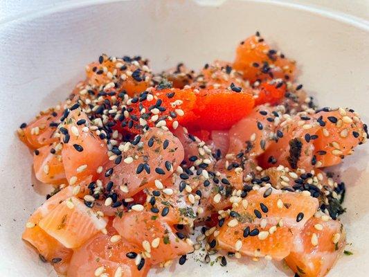 Medium Poke Bowl with (3) Salmon + Masago + Furikake (Sesame Oil added)