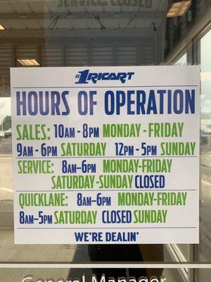 Hours of operation. Yes, the sales department is open on Saturdays and Sundays