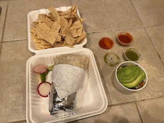 Ceviche and chips. Carnitas Burrito.