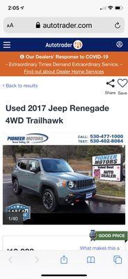 The ad for our Jeep on www.autotrader.com.