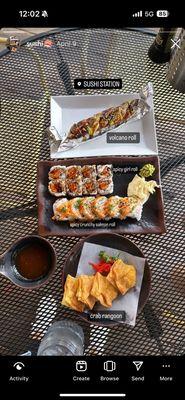 Volcano roll, spicy girl roll, spicy crunchy shrimp roll, Crab Rangoon