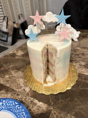 Pink frosting inside for gender reveal (we opted for all buttercream, skipping mousse).