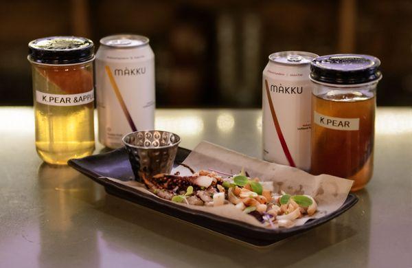 Dried calamari and peanuts pairs well with Makku Beer, or  our house infuse soju!