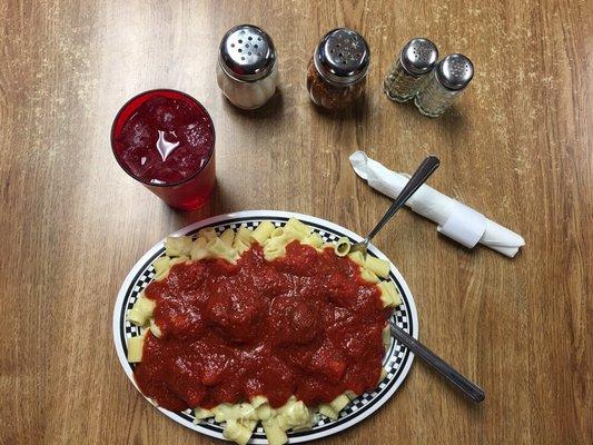 Rigatoni dinner with our old time favorite sauce recipe and homemade meatballs