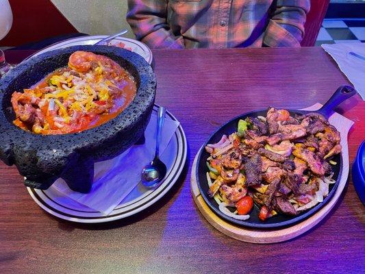 Molcajete and triple meat fajitas