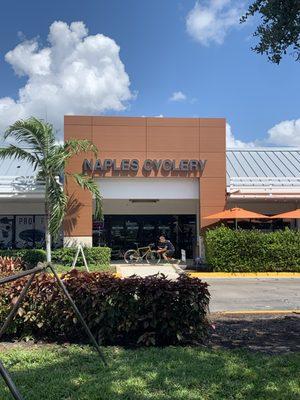 store front from rest area in the parking lot