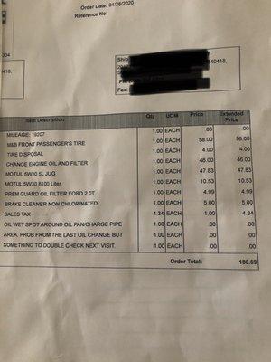 My bill was $120 for a simple oil change for my Ford Escape. $46 labor. The rest of the charges is parts.