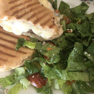 Gourmet French Dip Sandwich with melted Swiss and house salad.  Delicious!!