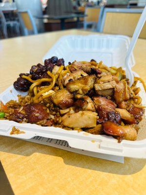 Bourbon chicken, honey chicken, rice and noodle