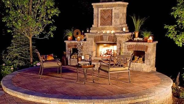 Unilock Tuscany Fireplace, Wood Boxs. https://www.outdoorstonegallery.com/fire-pit---fireplace-kits.html