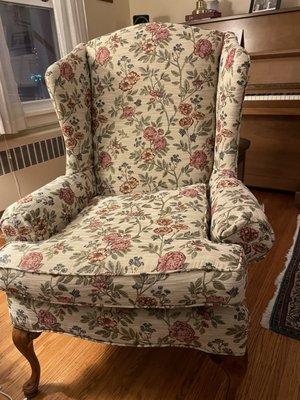 ("After" pic) Sibley's chair after Frank worked his magic with reupholstering it and re-stuffing it!