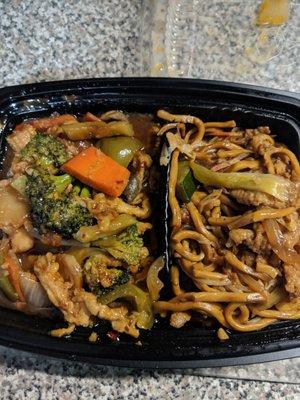 combo sechwan chicken and chicken lo mein -- over cooked and bland.