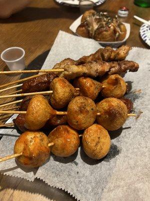 Fish roe balls  Takoyaki Chicken (spicy)  Beef (spicy?