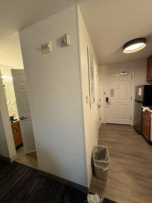 two closets going unused  taking up space between kitchenette and cramping bathroom in a newly remodeled room