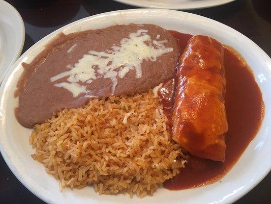 Enchilada, beans, and rice.