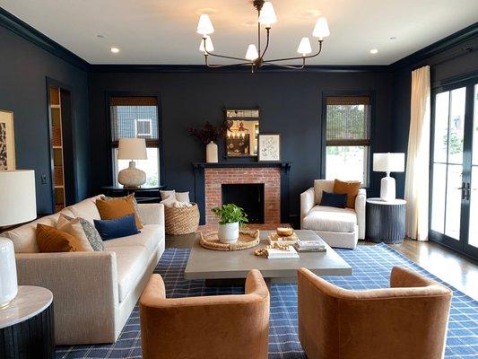 Living room drapery and shades in west hollywood home