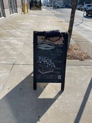 Monger's Provisions sandwich advertising board just outside their shop!