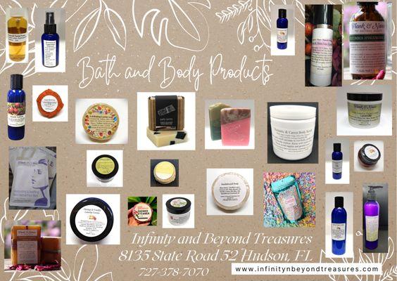 Many bath and body products! We have Frank and Nance products and our own store line of handmade, organic products! Come in or Shop online!