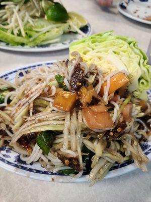 Lao style papaya with kaopoon noodles. The medium spicy is spppiiicccyyy but super darn yummy.