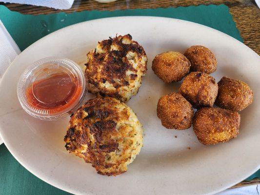 Crab cakes and a few hush puppies.