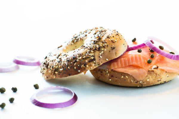 Bagel, lox and homemade cream cheese