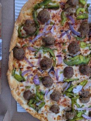 $10 3-Topping Deal Thin Crust Light Red Sauce Normal Cheese Meatballs Green Peppers Red Onions