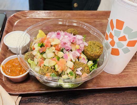 Falafel Salad with Garlic Sauce and Spicy sauce