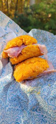 Ham and cheddar sweet potato biscuit