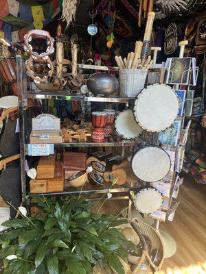 Noise makers of all kinds...thumb pianos, egg shakers, wooden flutes, tambourines, and much more.