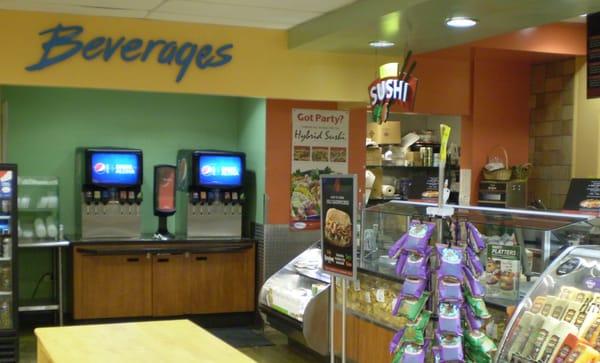 Beverage area.  Utensils located to the left.