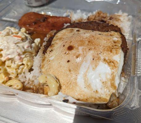 Loco Moco with spam and egg, mac salad and rice.